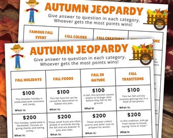 Autumn Jeopardy Game, Fall Trivia, Teens & Seniors (Printable)