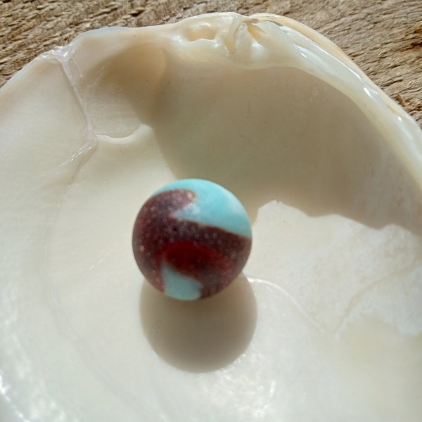 baby blue and deep red Nova Scotia Sea glass Marble perfectly weathered by the ocean tumble very unique color combo