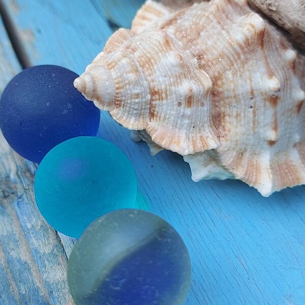 3 blue Nova Scotia Seaglass marbles Perfectly weathered by the ocean found on the beaches of Nova Scotia Bay of Fundy