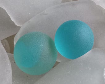 Stunning set of aqua blue sea glass marbles one regular size one shooter perfectly weathered by the ocean found on Nova Scotia beaches