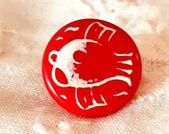 Vintage Red Glass Fish Button. White Paint. Cute Design. Kiddie  7/16" Button