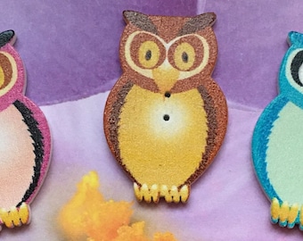 3 Cute Wooden Sew-thru Owl Buttons. 1 & 1/8 Inch