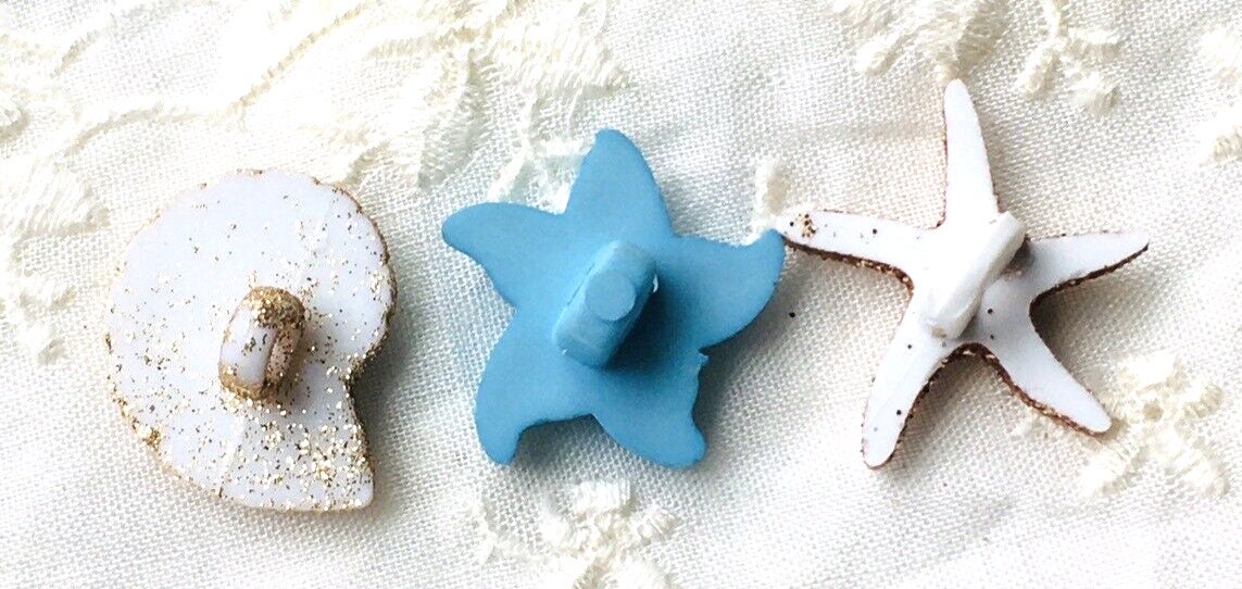 3 Darling Realistic Seashore Buttons. Shell, Starfish, Seastar. Glitter ...