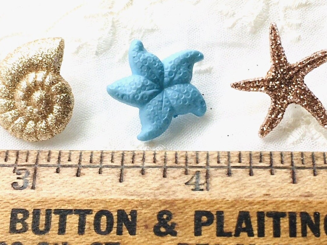 3 Darling Realistic Seashore Buttons. Shell, Starfish, Seastar. Glitter ...