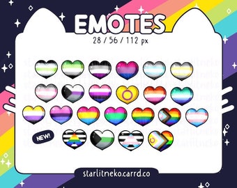 Könnte beinhalten: Ein Satz von 28 herzförmigen Emojis mit verschiedenen Designs von Pride-Flaggen. Die Emojis sind in einem Raster auf weißem Hintergrund angeordnet, mit dem Text "EMOTES 28/56/112 px" oben. Der Text "NEW!" befindet sich in der linken unteren Ecke.