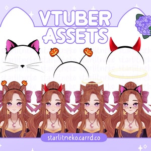May include: A set of digital assets for VTubers, featuring a variety of headbands and accessories. The assets include a cat headband, a devil headband, a halo, a pumpkin headband, and a variety of hair styles. The assets are designed to be used in virtual reality and streaming applications.