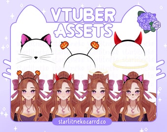 Könnte beinhalten: Ein Set digitaler Assets für VTuber, mit einer Vielzahl von Stirnbändern und Accessoires. Die Assets beinhalten ein Katzen-Stirnband, ein Teufel-Stirnband, einen Heiligenschein, ein Kürbis-Stirnband und eine Vielzahl von Frisuren. Die Assets sind für die Verwendung in Virtual-Reality- und Streaming-Anwendungen konzipiert.
