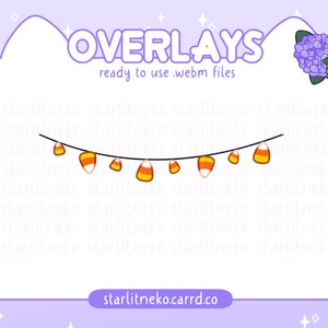 May include: A white background with the text "OVERLAYS ready to use .webm files" and a string of candy corn lights. The image is surrounded by a purple border with white stars.
