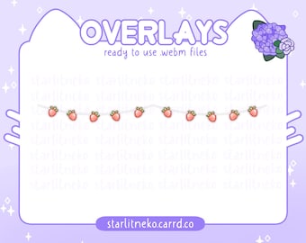 May include: A digital illustration of a string of animated strawberry lights. The lights are strung on a white string and are animated to bounce and glow. The text "OVERLAYS ready to use .webm files" is at the top of the image. The text "starlitneko.carrd.co" is at the bottom of the image.