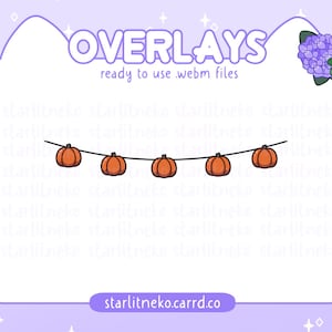 Puede incluir: Una cadena de calabazas naranjas con contornos negros colgando de un fondo blanco. El texto "OVERLAYS ready to use .webm files" está en la parte superior de la imagen. El texto "starlitneko.carrd.co" está en la parte inferior de la imagen.
