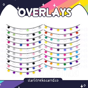 May include: A digital illustration of 10 rows of heart-shaped string lights in various colors, including red, orange, yellow, green, blue, purple, pink, white, black, and gray. The text "OVERLAYS" is at the top of the image. The text "starlitneko.carrd.co" is at the bottom of the image.