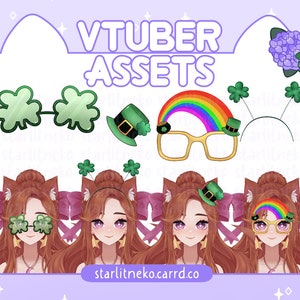 May include: A set of digital assets for VTubers featuring a rainbow, shamrock glasses, a green hat, and a shamrock headband. The assets are designed for use in video streaming and social media.
