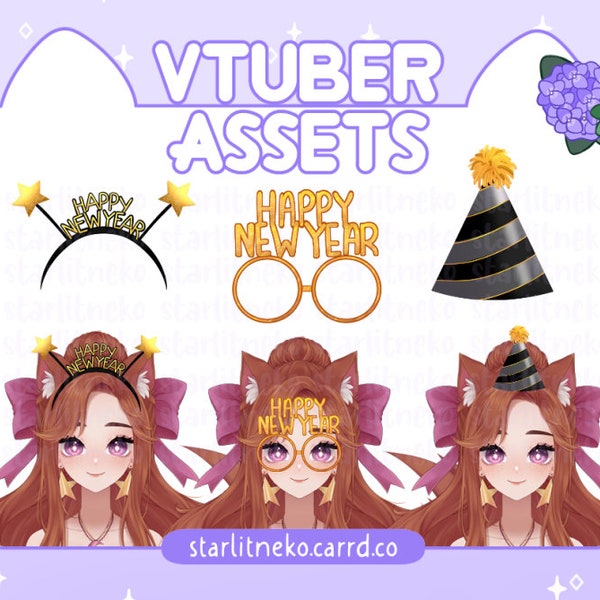 VTuber Assets: FREE Happy New Year Hats and Glasses [P2U, Twitch Overlays, Youtube, Twitch Streamer, Lights, HNY, Gold, VTuber]