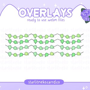 Może przedstawiać: Cyfrowe nakładki z girlandami z zielonych koniczynek, gotowe do użycia jako pliki .webm. Projekt zawiera fioletowy akcent kwiatowy oraz tekst "OVERLAYS" i "ready to use .webm files". Dołączony jest również adres strony internetowej starlitneko.carrd.co.