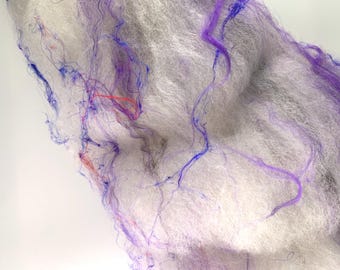 Wool/Bamboo/Silk Blend Art Batt for Spinning, Felting. Gotland & Finn Lamb Wool! Natural White, Gray, Purple. Textured, Drum Carded. 3.3 Oz
