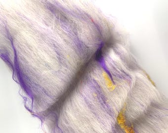 Wool/Bamboo/Silk Blend Art Batt for Spinning, Felting. Natural White, Purple, Gold Colorful Sari Threads, Textured, Hand Drum Carded. 4.5 Oz