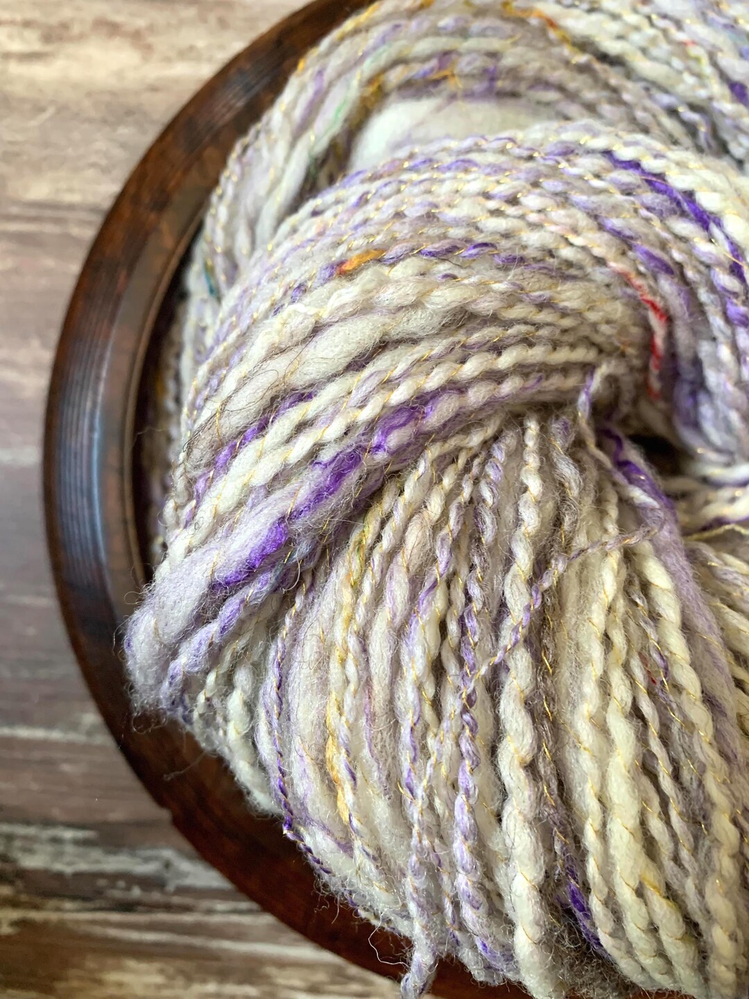 Handspun Wool Art Yarn, Bulky 259 Yards. Slubby Cream White, Purple ...