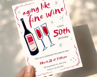 Fiftieth Birthday Party Invitation, Canva Editable Template, Printable Digital Download Invitation, Aging Like Fine Wine 50th E-Invite