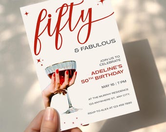 Fifty & Fabulous Birthday Party Invitation Template, Canva Editable Template, Printable Digital Download, Retro Champagne 50th Invite