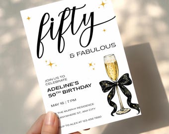 Fifty & Fabulous Birthday Party Invitation Template, Canva Editable Template, Printable Digital Download, Coquette Champagne 50th E-Invite