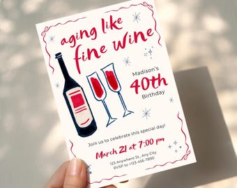 Birthday Party Invitation Template, Canva Editable Template, Printable Digital Download Invitation, Aging Like Fine Wine 40th 50th Invite
