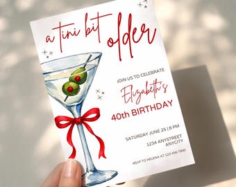 Tini Bit Older Birthday Invitation Template, Coquette Bow Martini Invite, Canva Editable Template, Printable Digital Download Invite