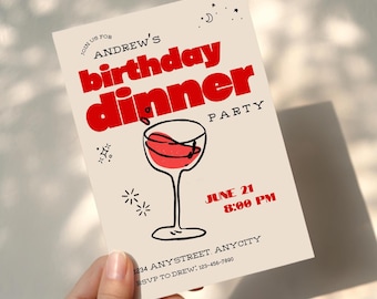 Birthday Dinner Party Invitation, Canva Editable Template, Printable Digital Download Invitation, Wine Lover Birthday E-Invite