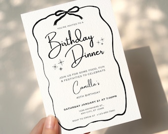 Birthday Dinner Party Invitation Template, Canva Editable Template, Printable Digital Download Invitation, Black and White Elegant Invite