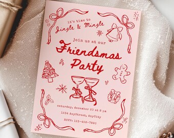 Friendsmas Party Invitation Template, Canva Editable Template, Printable Holiday Digital Download Invitation, Red and Pink Christmas Invite