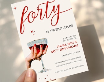 40th Birthday Invitation, Forty & Fabulous Party Invitation, Canva Editable Template, Printable Instant Download Retro Champagne 40th Invite