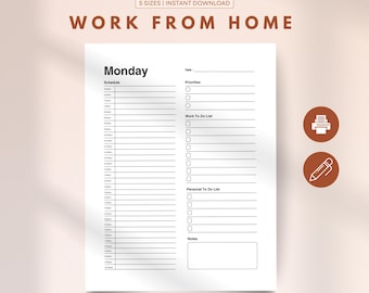 Work From Home Planner, Daily Schedule Printable, Hourly Personal Planner, Productivity Journal Log, A4/A5/Letter/Classic HP/Half Letter
