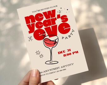 New Year's Eve Party Invitation Template, Retro Vintage NYE Invite, Canva Editable Template, Printable Digital Download Invitation,