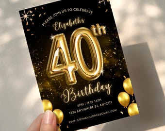 40th Birthday Party Invitation Template, Canva Editable Template, Printable Digital Download Invitation, Black and Gold Fortieth E-Invite