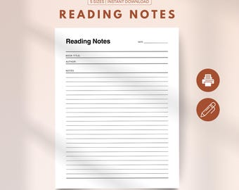 Reading Notes Template Printable, Book Log, Book Notes Journal Printable, Book Lover Notebook Insert, A4/Letter/A5/Classic HP/Half Letter