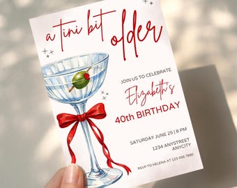 Tini Bit Older Birthday Invitation Template, Coquette Bow Martini Invite, Canva Editable Template, Printable Digital Download Invite