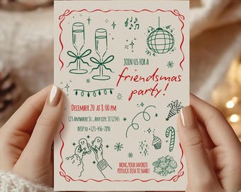 Friendsmas Party Invitation Template, Canva Editable Template, Printable Holiday Digital Download Invitation, Hand Drawn Christmas Invite