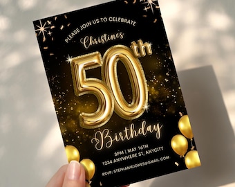 50th Birthday Party Invitation Template, Canva Editable Template, Printable Digital Download Invitation, Black and Gold Fiftieth Invite