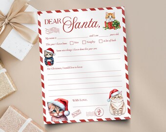 Letter To Santa Printable, Christmas Cats Wish List, Dear Santa Claus Children's Activity, PDF Download, Kids Kittens Christmas Letter
