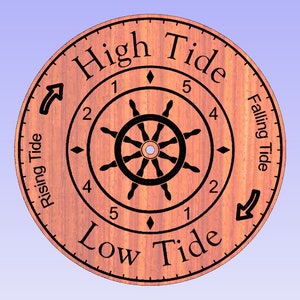 May include: A wooden tide clock with a ship's wheel design. The clock face reads "High Tide" and "Low Tide" with arrows indicating the direction of the tide. The numbers 1 through 5 are marked around the wheel.