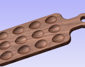 May include: A wooden serving tray with 18 individual indentations for holding eggs. The tray has a handle on the side.