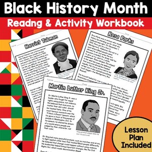Könnte beinhalten: Schwarzweiße Illustrationen von Harriet Tubman, Rosa Parks und Martin Luther King Jr. mit Text über ihre Beiträge zur Bürgerrechtsbewegung. Der Text enthält Zitate von jeder Person. Der Titel des Dokuments lautet "Black History Month Reading & Activity Workbook".