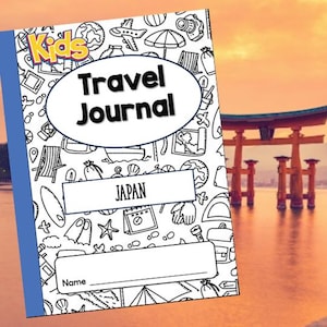 May include: A black and white illustrated travel journal cover with the text "Kids Travel Journal" and "JAPAN". The cover features a variety of travel-themed illustrations, including a plane, a beach umbrella, a suitcase, and a map. There is a blank space for a name.