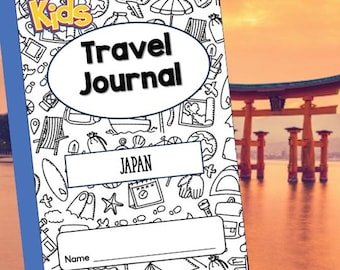 May include: A black and white illustrated travel journal cover with the text "Kids Travel Journal" and "JAPAN". The cover features a variety of travel-themed illustrations, including a plane, a beach umbrella, a suitcase, and a map. There is a blank space for a name.