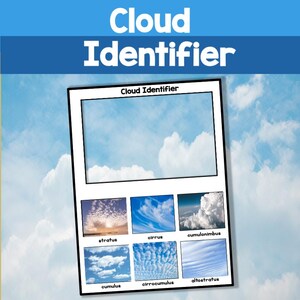 May include: A printable cloud identifier chart with images of different types of clouds, including cumulus, stratus, cirrus, cumulonimbus, altostratus, and cirrocumulus.