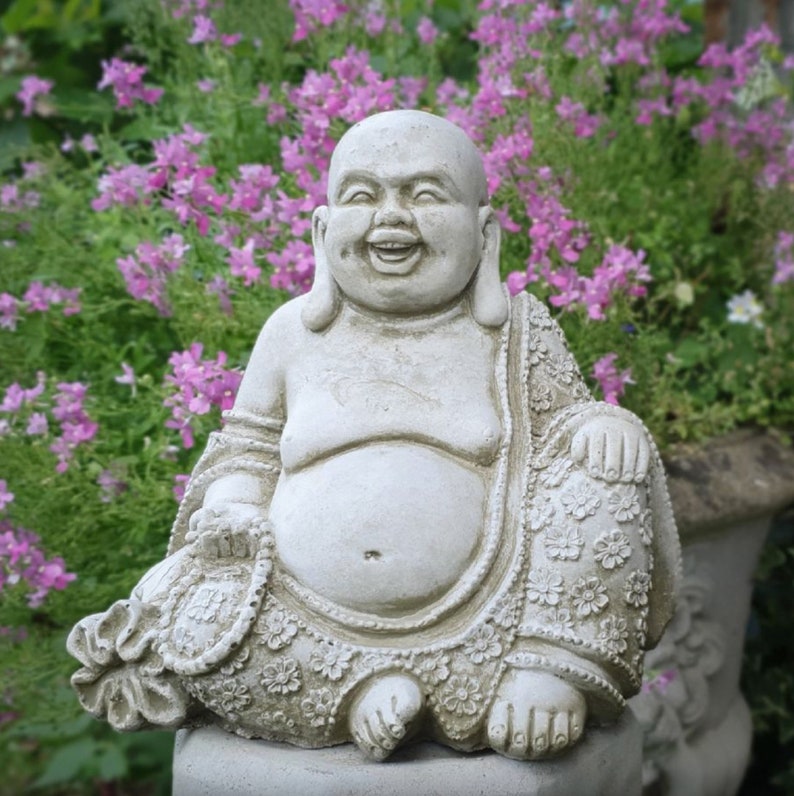 Large Laughing Buddha Statue Stone Garden Ornament Sitting Down Statue Beautifully Detailed Etsy