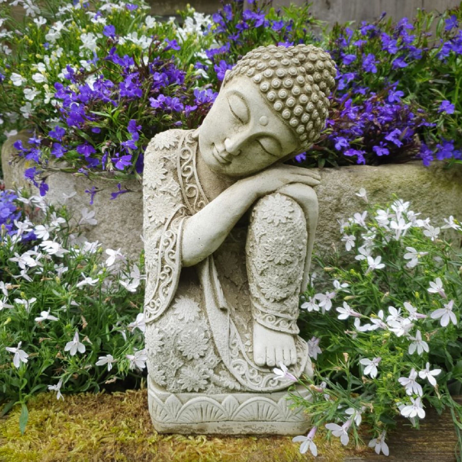 Buddha sitting head on knee sleeping stone garden ornament zen