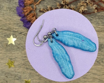 Handmade Blue Feather Earrings, Hanging Dangling Earrings, Light Blue Big Feathers, Polymer Clay, Stainless Steel, Silver | LittleLuxLabel