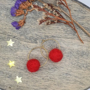Thin Gold Hoops with Red Felt Pendant, Charm Hoop Earrings, Dangling, 25mm, Stainless Steel, Dry Felted, Handmade | LittleLuxLabel