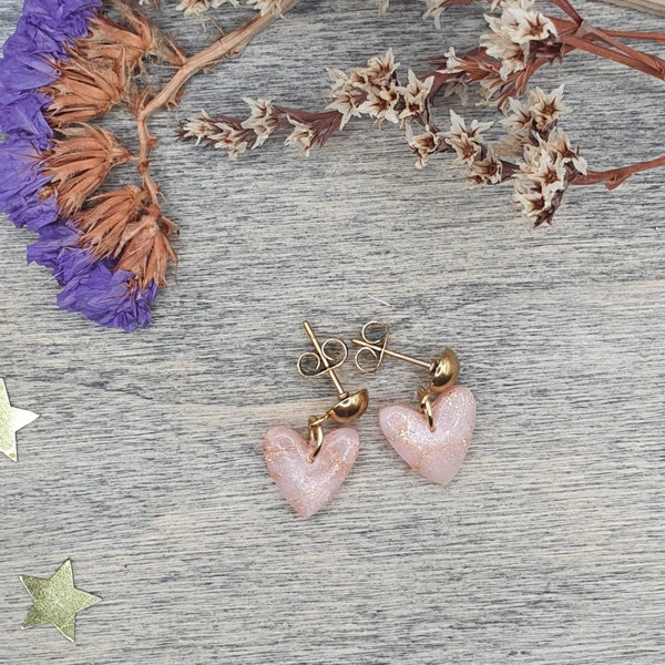 Heart Earrings: Rose Quartz Effect, Handmade Small Hanging Heart Charm, Dangling, Stainless Steel, Pink, Gold, Polymer Clay | LittleLuxLabel
