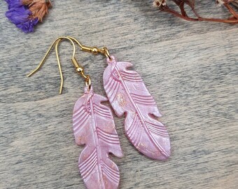 Boho Feather Earrings: available in Pink or Blue, Handmade Dangling Big Feathers, Polymer Clay, Stainless Steel, Silver |LittleLuxLabel
